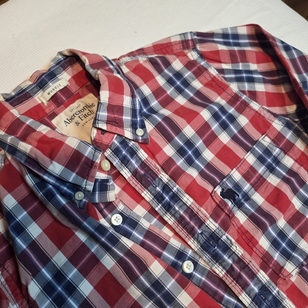 Abercrombie & Fitch Men's Red Plaid Long Sleeve Muscle Shirt Lg VTG Cotton‎ y2k